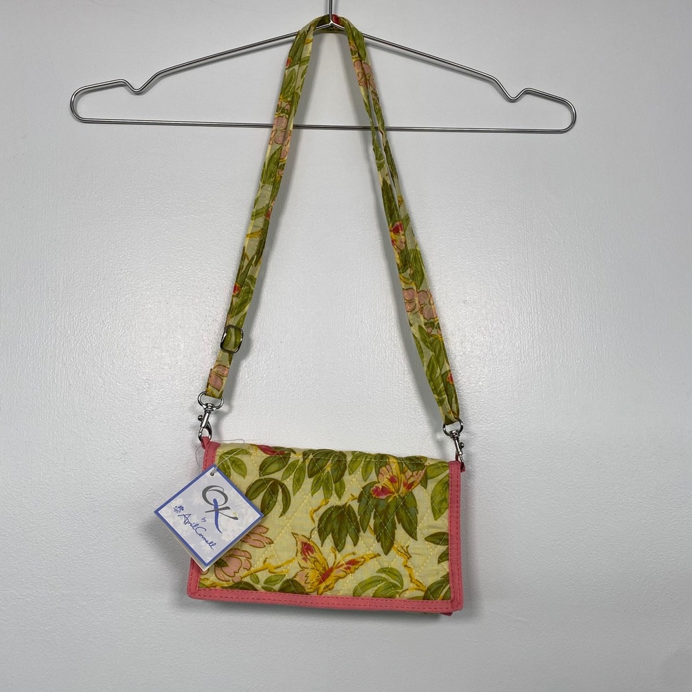 April Cornell Womens Quilted Crossbody Wallet Bag OS Yellow Pink Floral Cotton